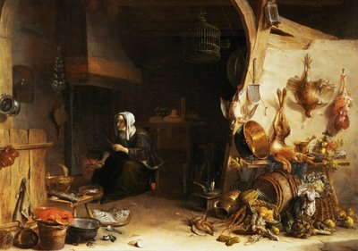 A Kitchen Interior with a Servant Girl Surrounded by Utensils, Vegetables and a Lobster on a Plate by Cornelis van Lelienbergh